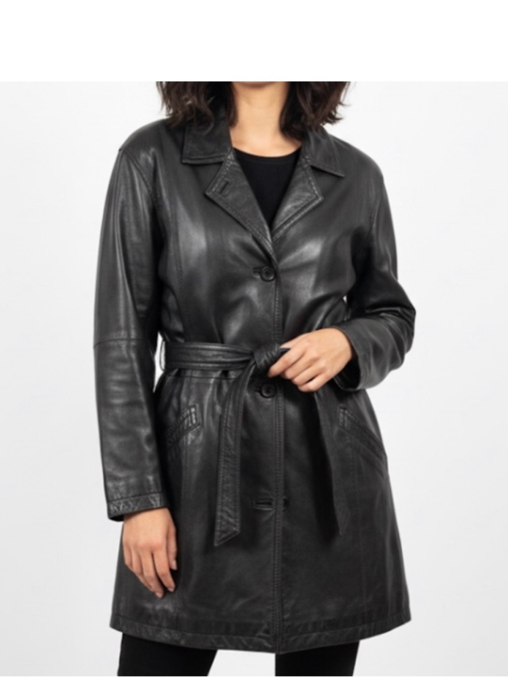 Classic Black Leather Belted Trench Coat - Women's - fits large to extra large.